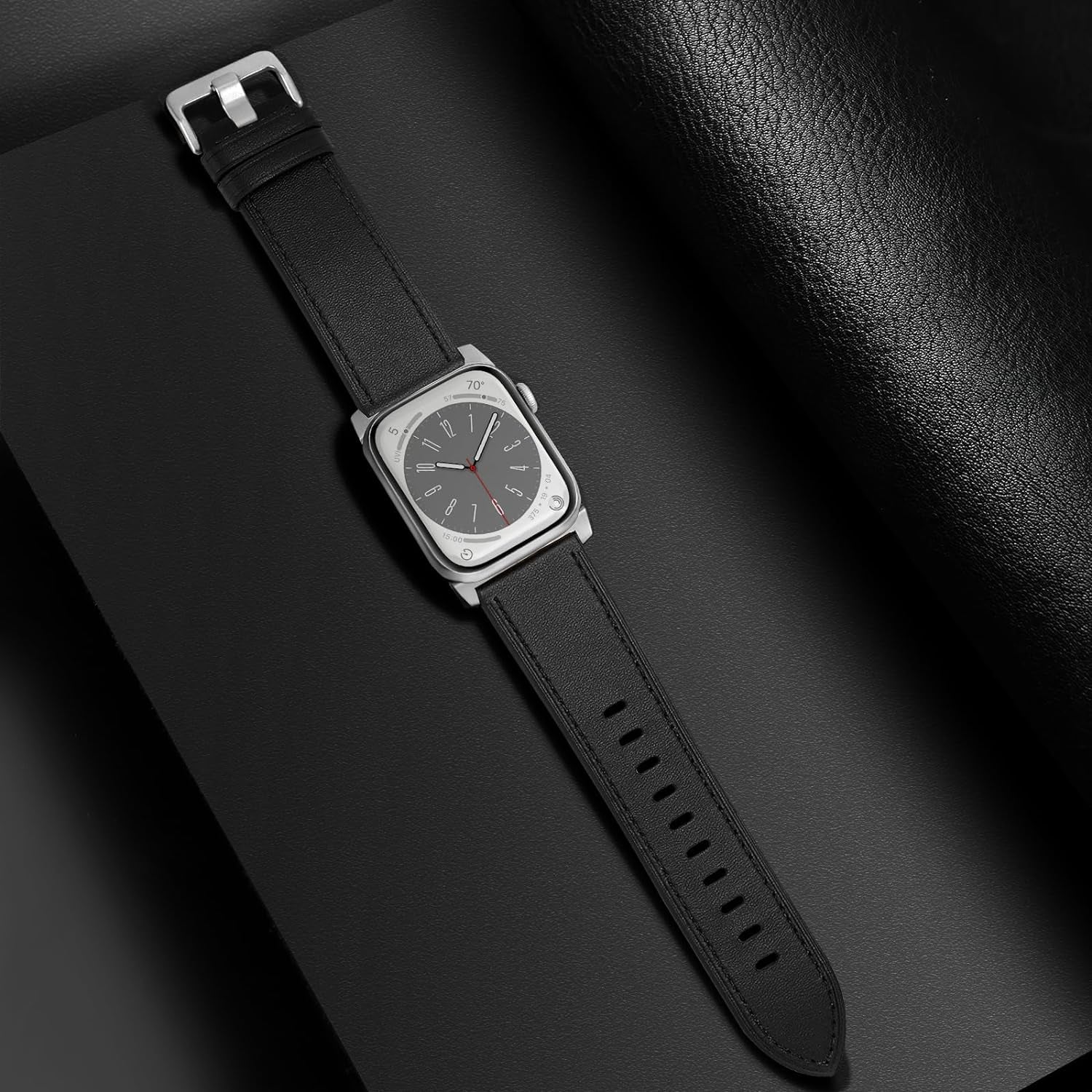 Compatible with Apple Watch Band 41Mm 40Mm 38Mm Men Women, Top Grain Genuine Leather Band Strap for Iwatch Series 9 8 7 6 5 4 3 2 1 SE, Black/Silver