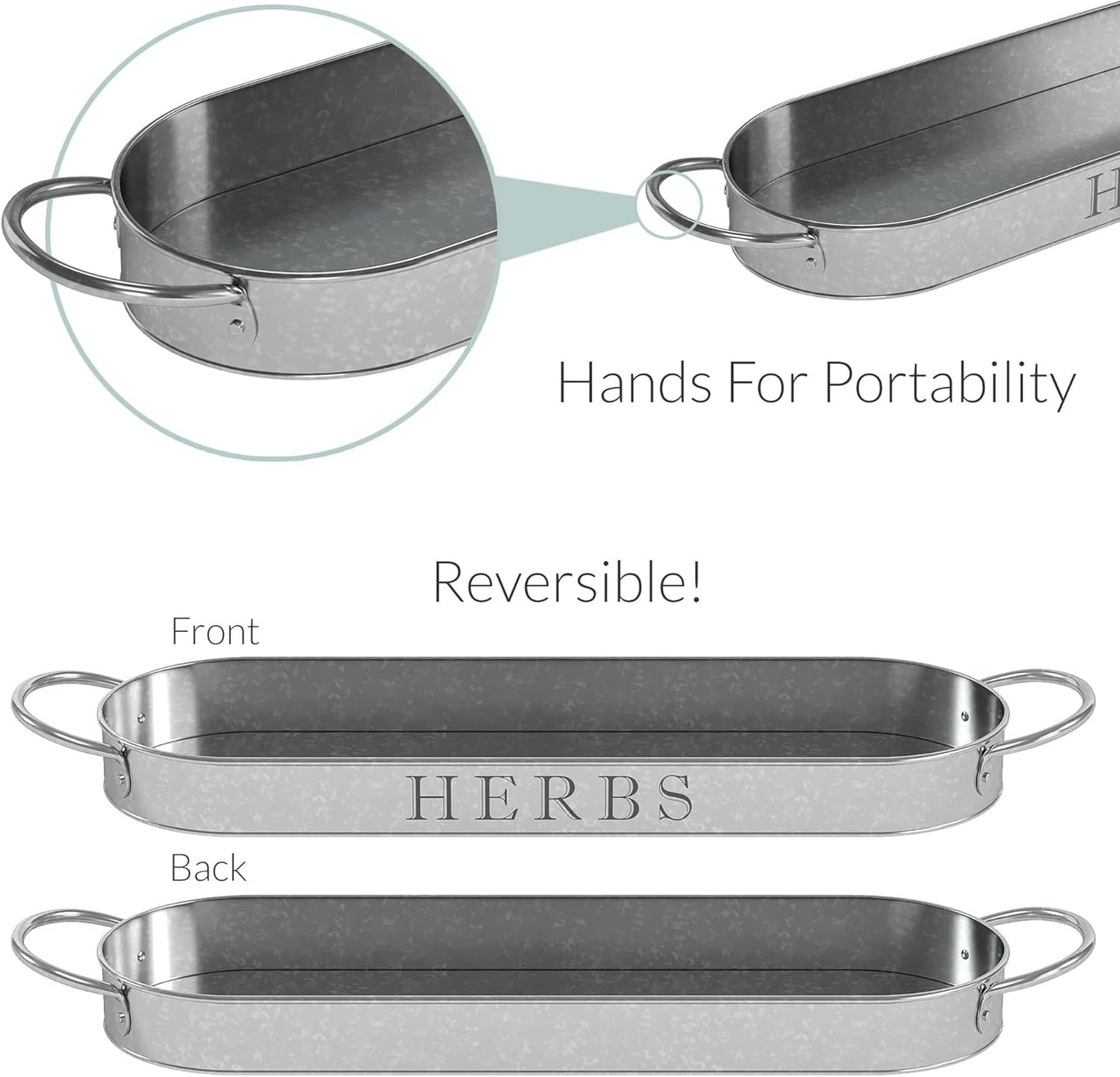 Indoor Herb Garden Planter Set with Tray, Metal Windowsill Plant Pots with Drainage for Outdoor or Indoor Plants, Set/3 (Galvanized)