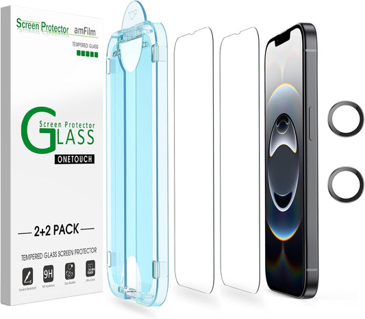 Auto-Alignment Onetouch for Iphone 16E [6.1''] Screen Protector + Camera Lens Protector, Tempered Glass, 30 Seconds Installation, Bubble Free, Case Friendly, Anti-Scratch [2+2 Pack]