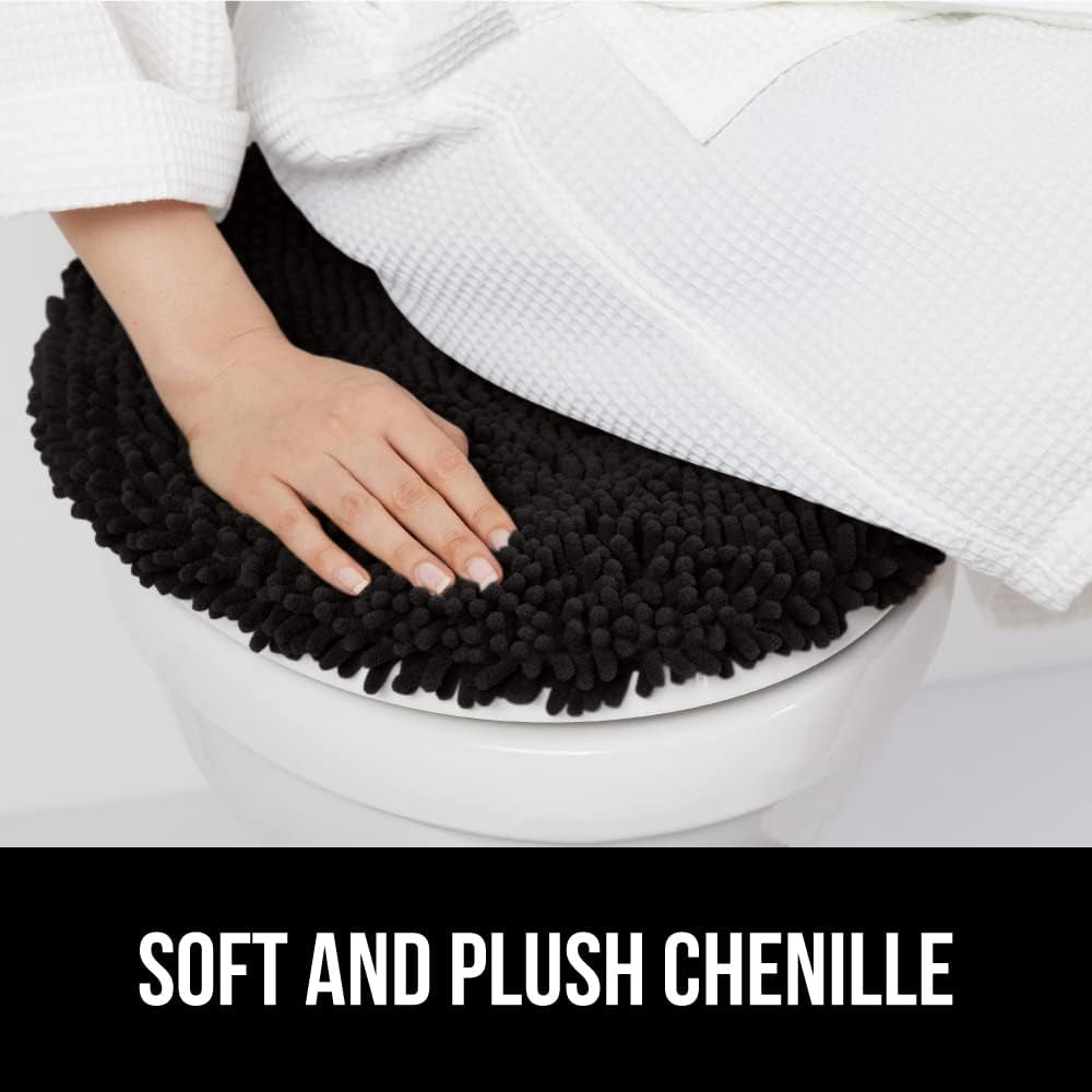 Soft Chenille Bathroom Toilet Lid Cover, Machine Washable Seat Covers, 17.5X15, Stays in Place Rubber Backing, Fits Most Round, Elongated and Oblong Lids, Accessories Decor, Black