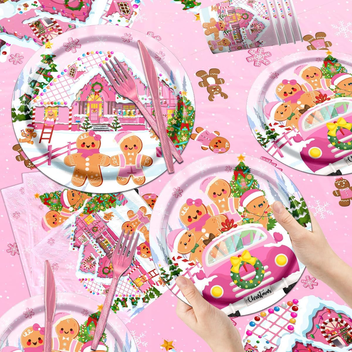 142Pcs Gingerbread Christmas Tableware Party Decorations Gingerbread Man Winter Christmas Holiday Party Supplies Pink Cookie House Family Gathering Disposable Banner,Plates,Napkins and Tablecloth