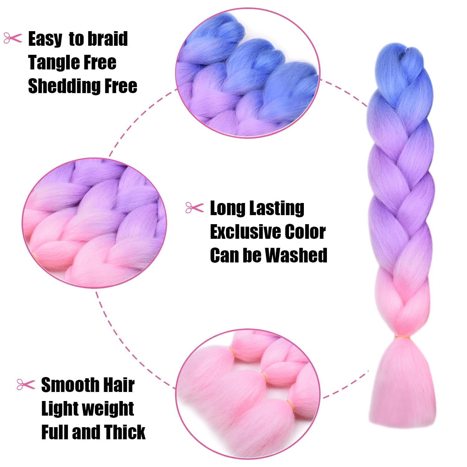 Ombre Braiding Hair Kanekalon Braiding Hair Extensions Pink 3Pcs Jumbo Braiding Hair for Box Braids 24Inch Blue/Purple/Pink