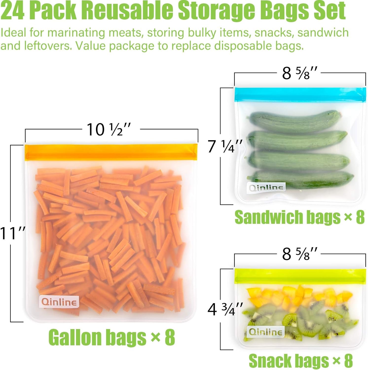 Reusable Food Storage Bags - 24 Pack Freezer Bags, BPA Free Reusable Bags Silicone, Extra Thick Leakproof Reusable Lunch Bag for Salad Fruit Marinate Meats - 8 Gallon 8 Sandwich 8 Snack Bags