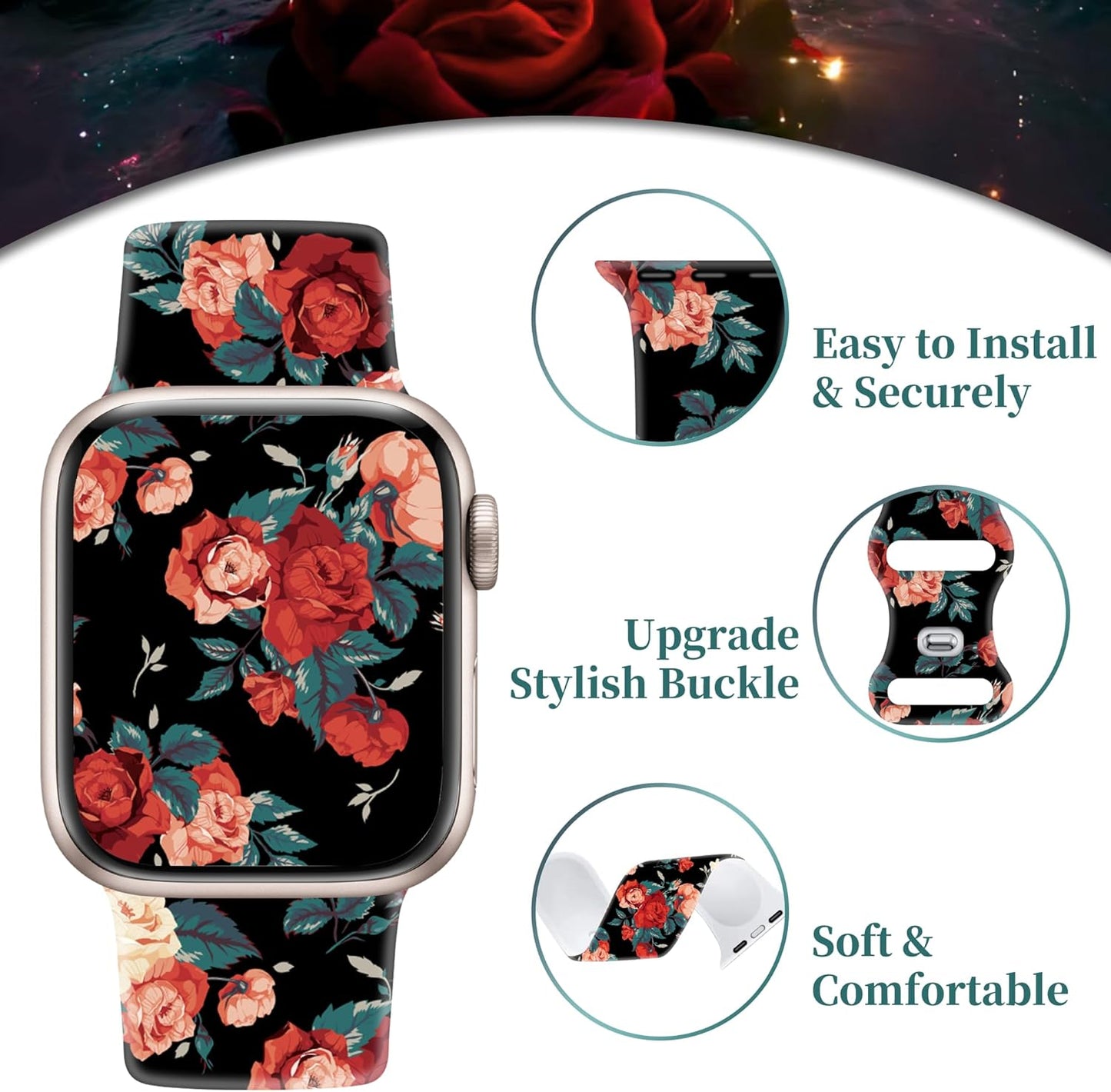 Designer Floral Band Fits 42Mm 44Mm 45Mm 49Mm Apple Watch Bands for Women, Cute Apple Watch Sport Band for Womens, Dressy Bracelet for Iwatch Bands Series 9 Series 8 SE 7 6 5 4 3 2 1-Black