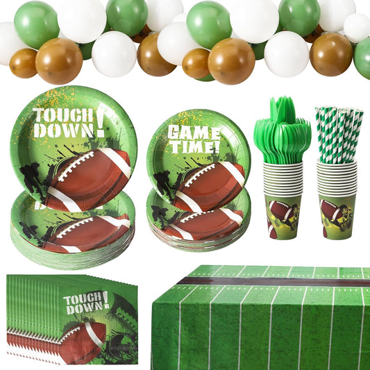 265PCS Football Party Supplies with Balloons Tablecloth, Football Paper Plates and Napkins Decorations for 24 Guests, Disposable Dinner Dessert Dinnerware Sets for Parties Supplies