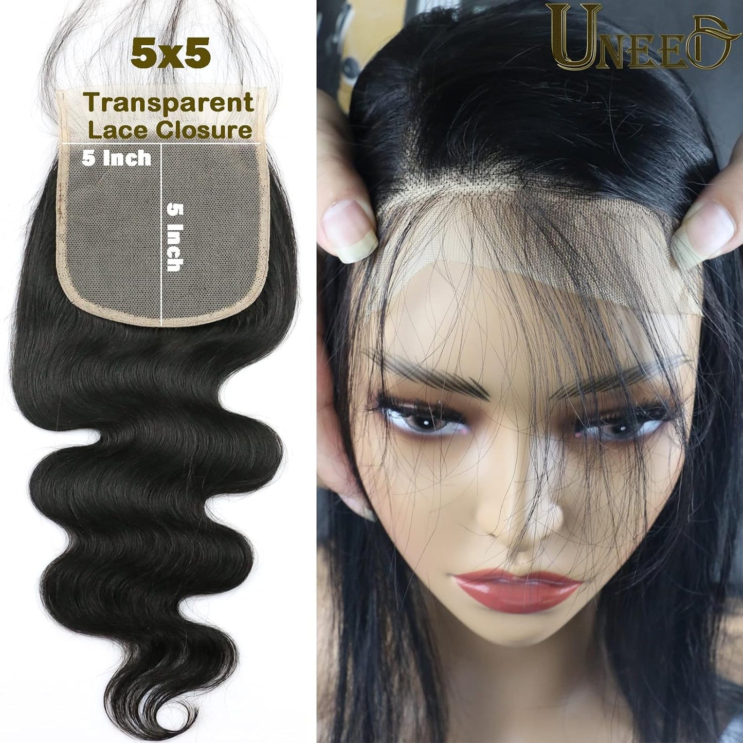 5X5 Closure Body Wave Closure 12A Invisible Ultra-Thin HD Lace Closure Brazilian Virgin Remy Human Hair Frontal Closure Pre Plucked with Baby Hair Natural Black Color (16 Inch)