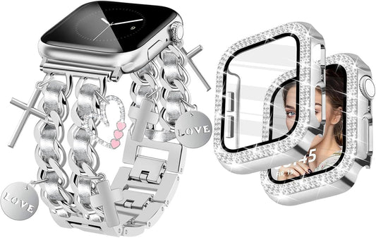 Sliver Charm Band Silver Bling Case Bundle Compatible with Apple Watch 38Mm 40Mm 41Mm 42Mm 44Mm 45Mm 46Mm 49Mm Women for Iwatch Series 10/9/8/7/6/5/4/3/2/1/Se/Ultra