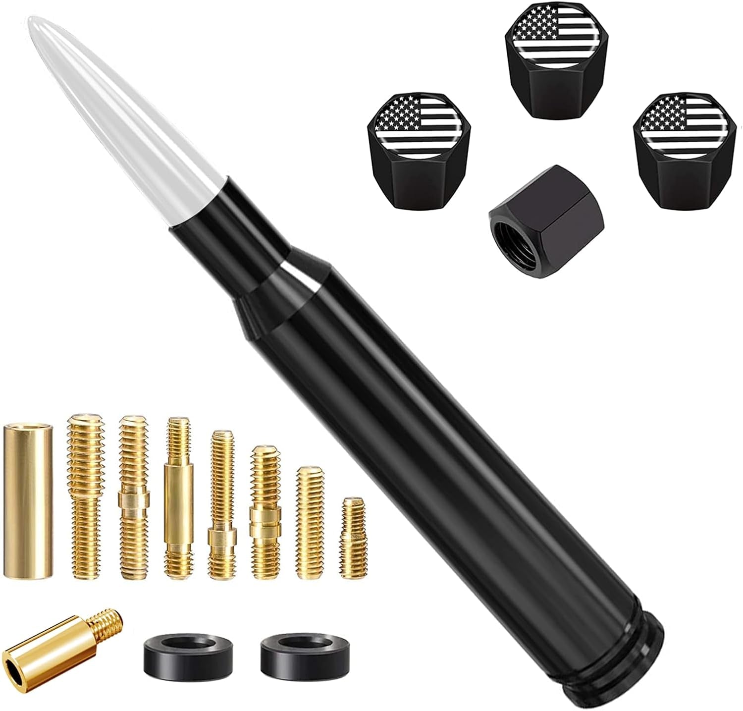 American Flag Car Truck Antenna with Valve Stem Caps, Universal Mast for GM Chevy Silverado 1500 2500 3500 HD Avalanche Ford F150 F250 F350 Denali Heavy Duty Pickup Trucks Accessories (Black)