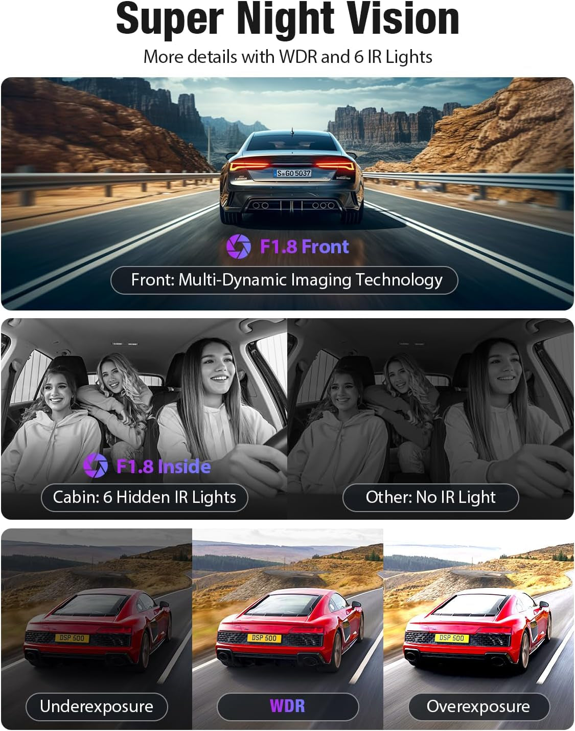 Dash Cam 5G Wifi GPS, Dash Cam Front and inside 4K/2K/1080P+1080P, 64GB Card Included, Dash Camera for Cars with 3.18" LCD Screen, Car Camera with IR Super Night Vision, WDR, G-Sensor, App