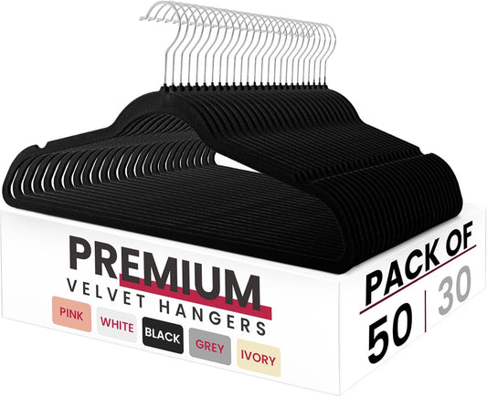 LUX Decor Black Velvet Hangers 50 Pack - Premium Non Slip Clothes Felt Hanger for Coat, Pants, Suits, Shirts - Heavy Duty Space Saving 360 Rotatable Hook Hangars - Black