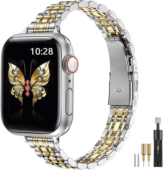 Slim Metal Band Compatible with Apple Watch Band 41Mm 40Mm 38,Mm,Dressy Stainless Steel Chain Strap for Women Iwatch Bands Series 9 8 7 6 5 4 3 2 1 Se,Silver/Gold