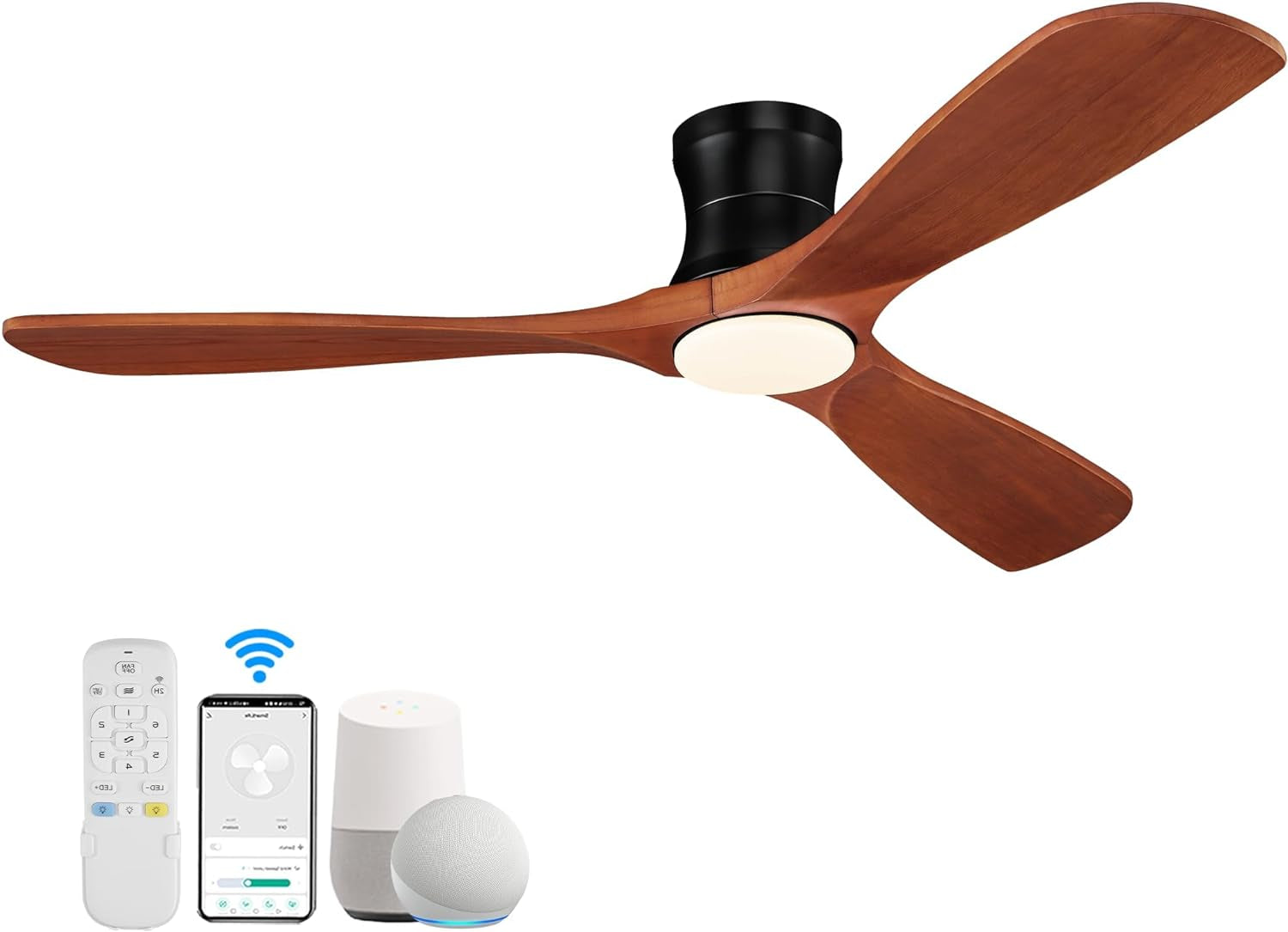 Smart 52” Wood Flush Mount Ceiling Fans with Lights Remote,Quiet DC Motor,Outdoor Indoor Low Profile Ceiling Fan,Voice Contorl with WIFI Alexa App Control,Modern Fan for Bedroom Patio