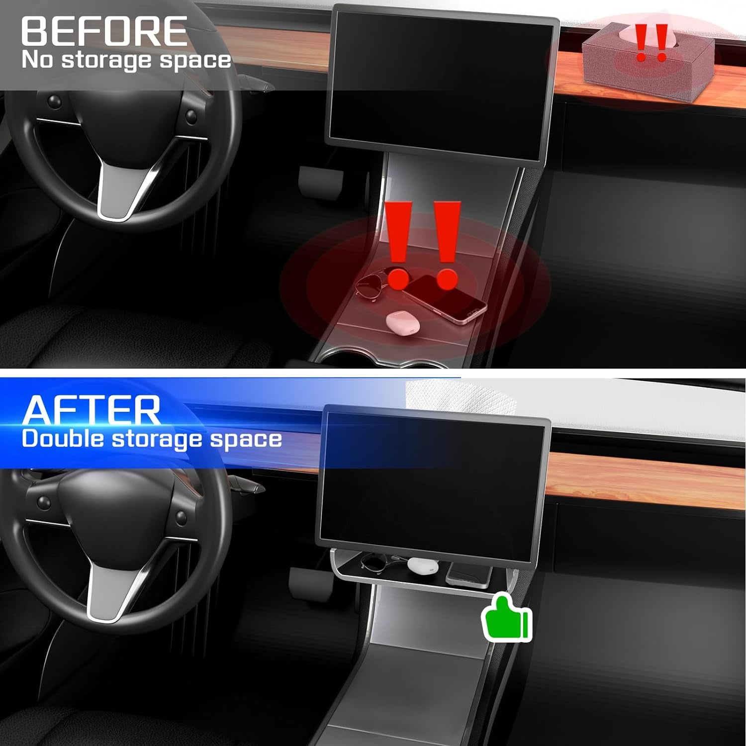 Tesla Center Console Organizer Tray:Under Screen Magnetic Storage Box for Model Y Model3 Accessories 2024 2023 2022 2021 behind Screen Storage Dashboard Organizer Tissue Holder