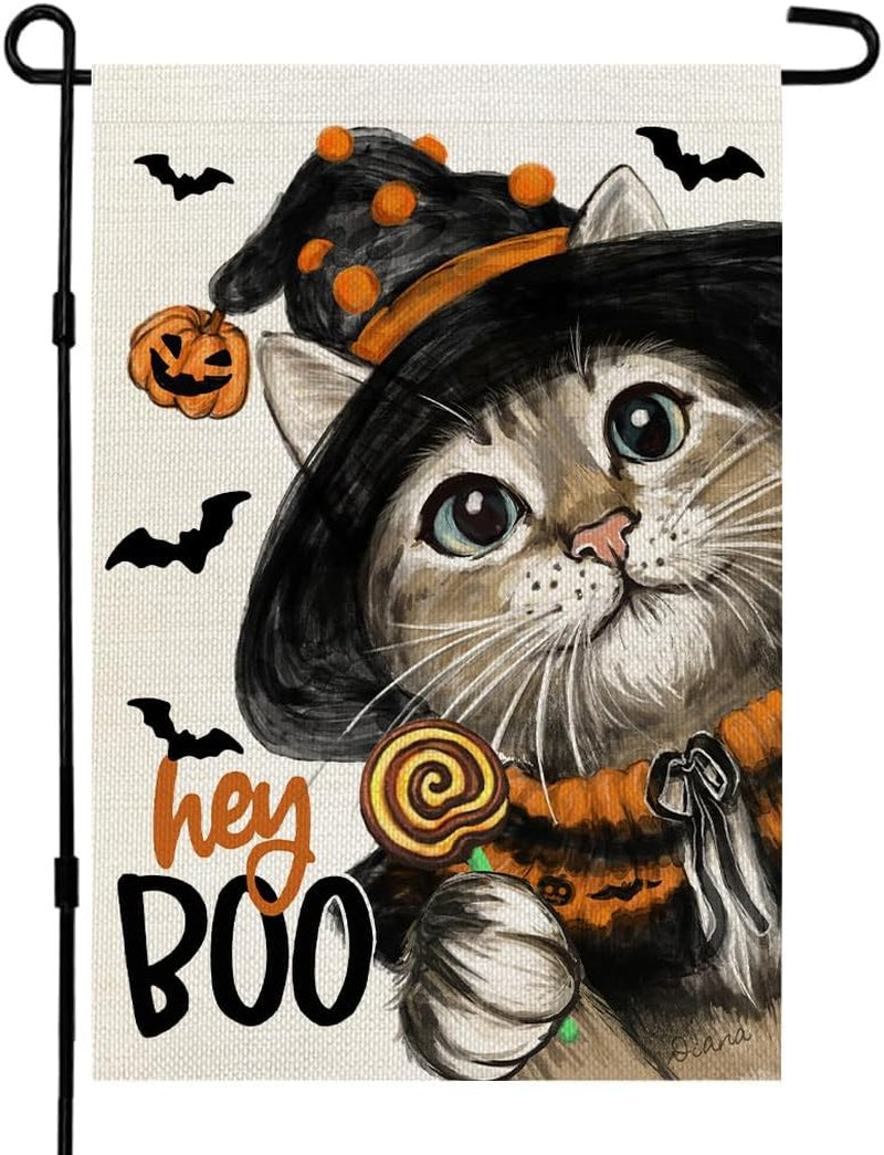 St Patricks Day Cat Garden Flag Hello Lucky 12X18 Inch Double Sided for outside Small Burlap Shamrock Clovers Holiday Yard Decoration