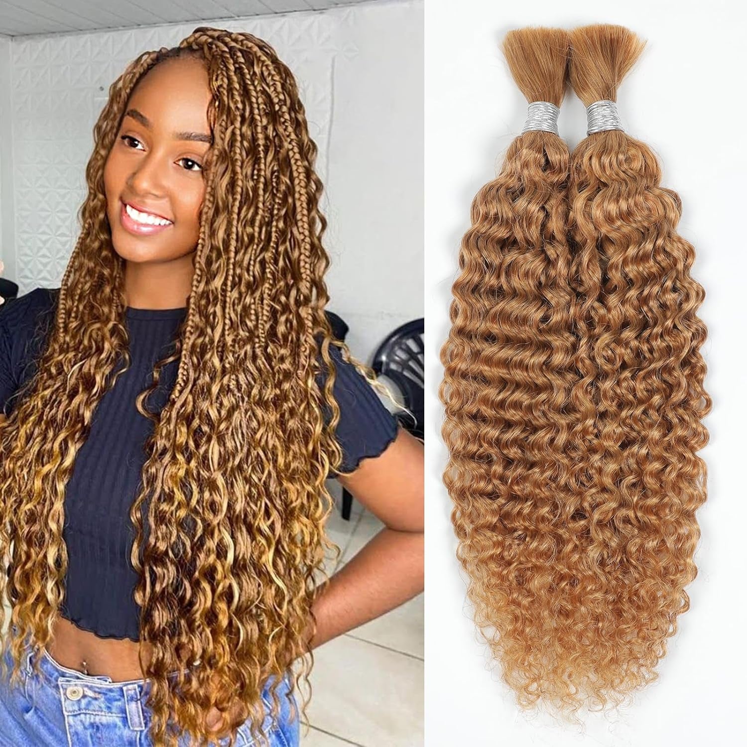 Human Braiding Hair 14Inch Water Wave Bulk Human Hair for Braiding 100G 2Bundle/Pack No Weft Human Hair Bundles for Braiding Micro Human Braiding Hair for Boho Braids（14Inch ，27#）