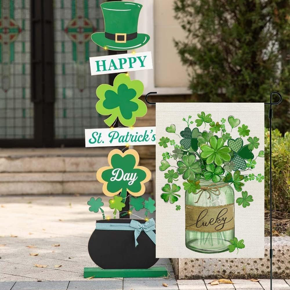 St Patricks Day Shamrocks Mason Jar Garden Flag 12X18 Inch Double Sided for outside Small Burlap Green Clovers Lucky Welcome Yard Holiday Flag