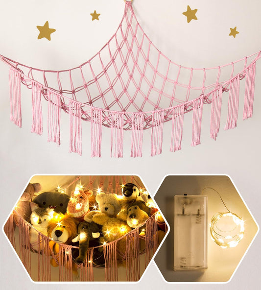 Stuffed Animal Hammock Corner with LED Light - Toy Storage Hammock Plushie Net Hanging Organizer - Pink Room Decor for Teen Girls - Cute Bedroom Aesthetic Nursery Kids Baby Toddler
