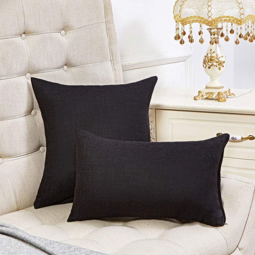 Set of 2 Black Pillow Covers Rustic Linen Decorative Square Throw Pillow Covers 18X18 Inch for Sofa Couch Decoration