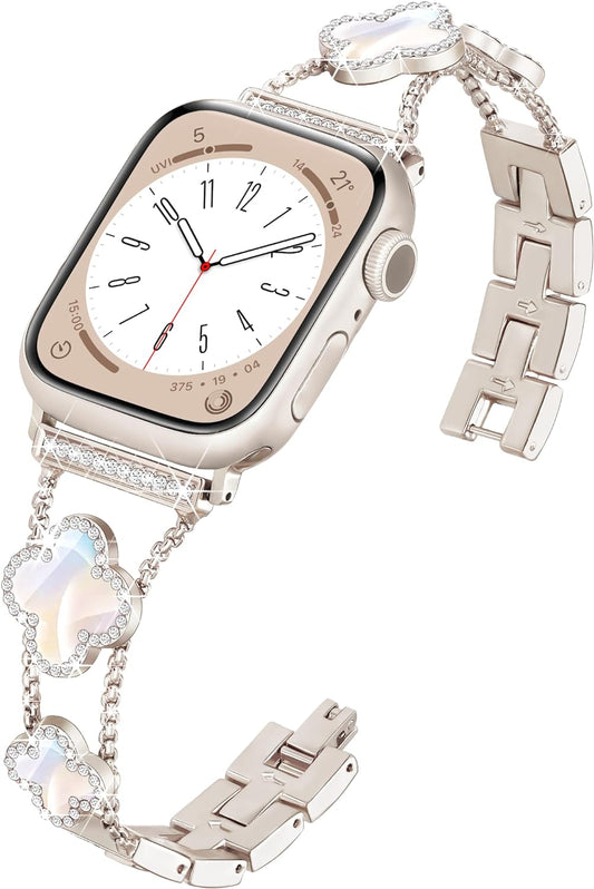 Four-Leaf Clover Band for Apple Watch Band 41Mm 40Mm 38Mm, Lightweight for Women, Easy Adjustable Bracelet, Shiny Diamond Jewelry Metal Strap for Iwatch Series 9 8 7 6 5 4 3 2 1 Se(Starlight)