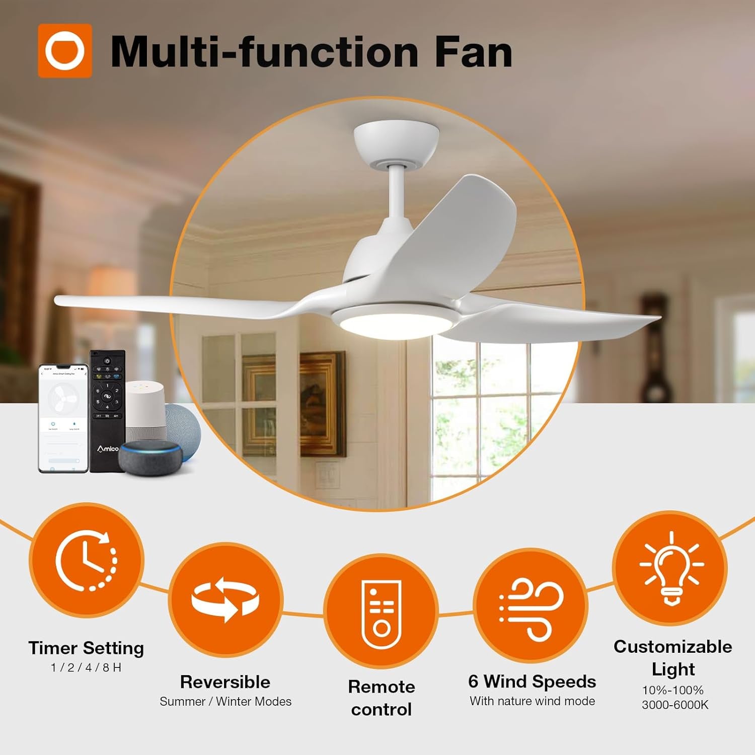 Ceiling Fans with Lights, 52 Inch Smart Ceiling Fan with Remote/App/Alexa Control, Reversible DC Motor, 6 Speeds, 3CCT Dimmable, Noiseless, White Wifi Ceiling Fan for Bedroom, Farmhouse