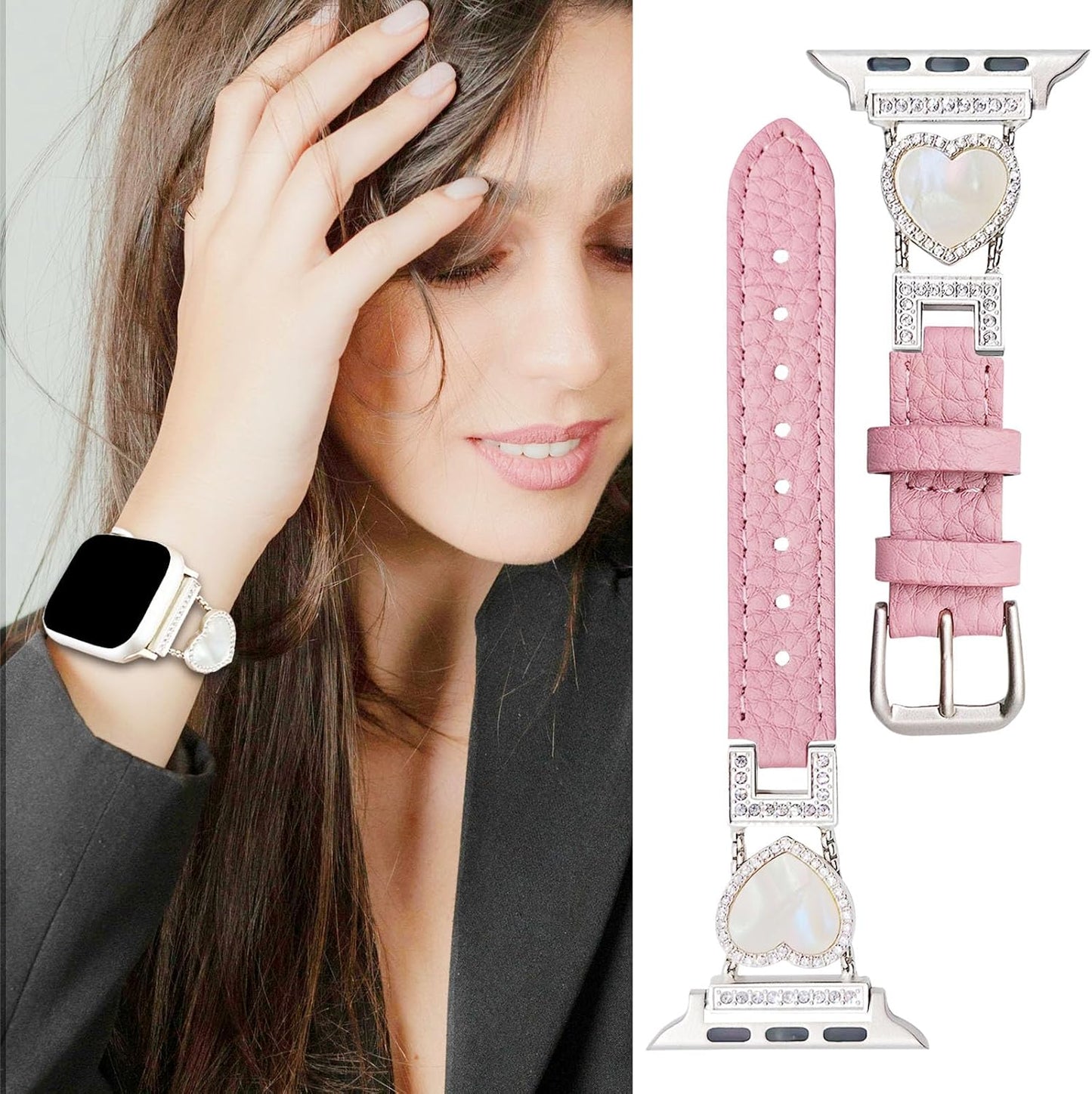 Leather Band Compatible with Apple Watch Bands for Women 38/40/41/42/44/45/46/49Mm, Dressy Heart-Shape Designer Leather Strap with Diamond for Iwatch Band Series 10 9 Ultra SE 8 7 6 5 4 3 2 1
