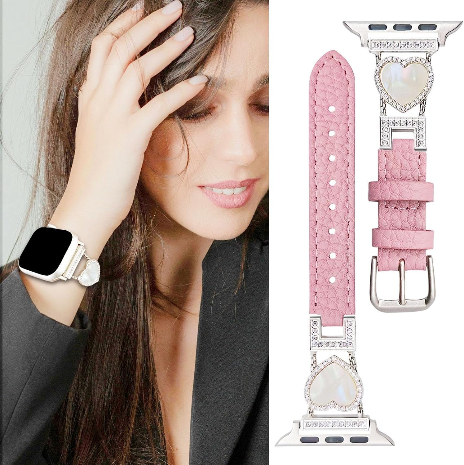 Leather Band Compatible with Apple Watch Bands for Women 38/40/41/42/44/45/46/49Mm, Dressy Heart-Shape Designer Leather Strap with Diamond for Iwatch Band Series 10 9 Ultra SE 8 7 6 5 4 3 2 1
