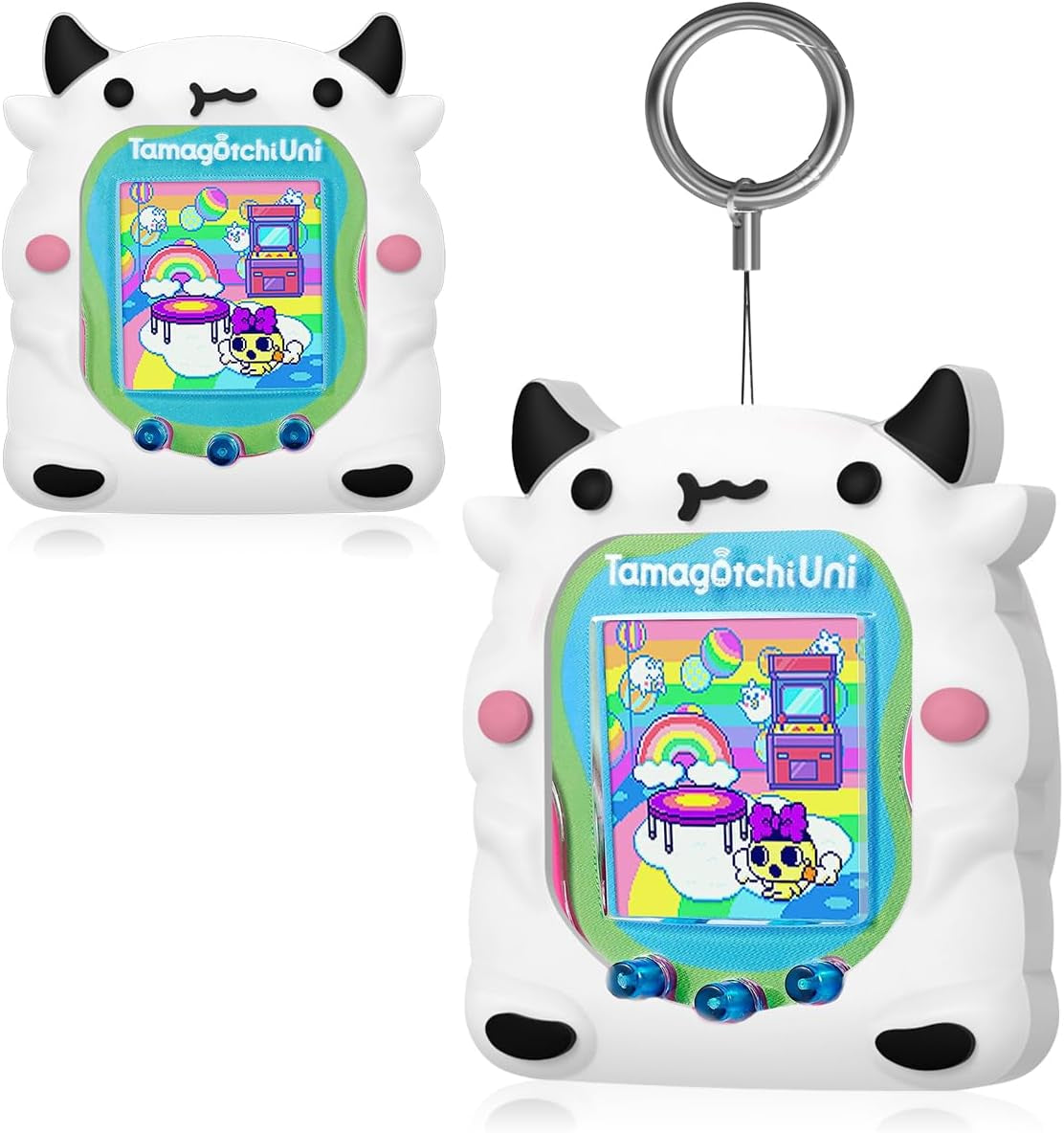 Silicone Case Compatible with Tamagotchi Uni Case, Cute Cartoon White Cow Virtual Pet Game Machine Protector Cover for Tamagotchi Uni Accessories with Ring Lanyard (White Cow) ZOUSA