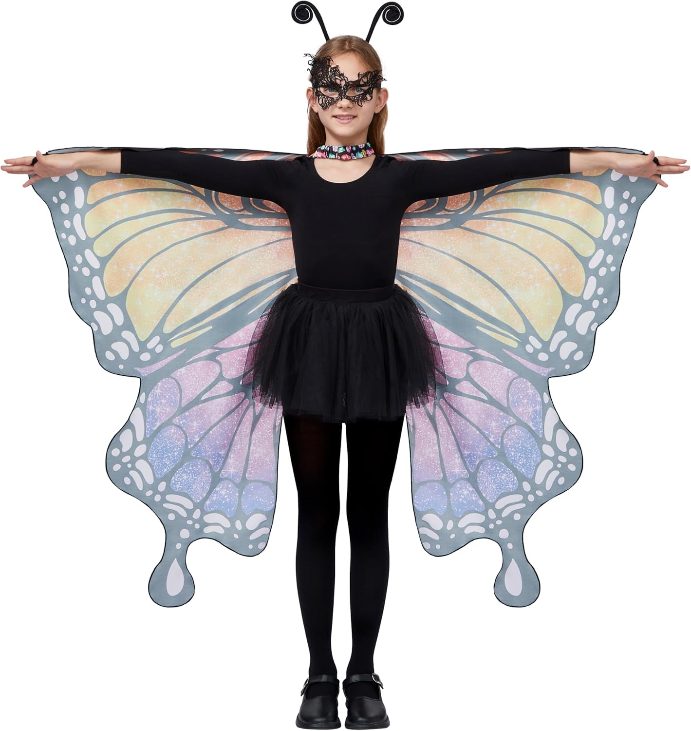 Starry Butterfly Wing, Butterfly Costume Kids for Halloween Costume Girls with Butterfly Shawl, Black Hairband and Eye Mask