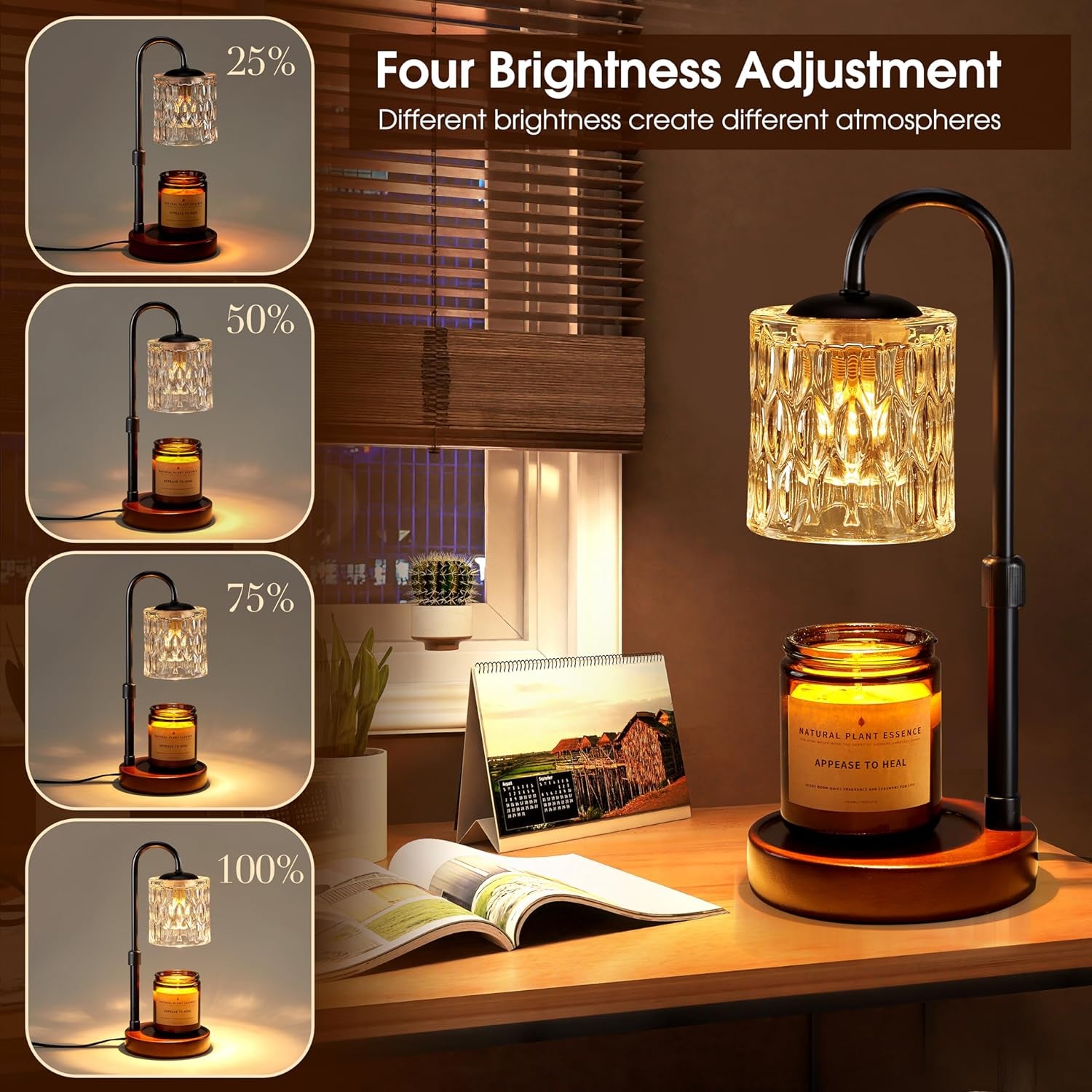 Dimmable Candle Warmer Lamp with Timer, Height Adjustable Electric Candle Wax Warmer for Jar Candles, Top-Down Light Heat Melting Wax with 2 Bulbs, Walnut Solid Wood Base for Home Decor Gifts