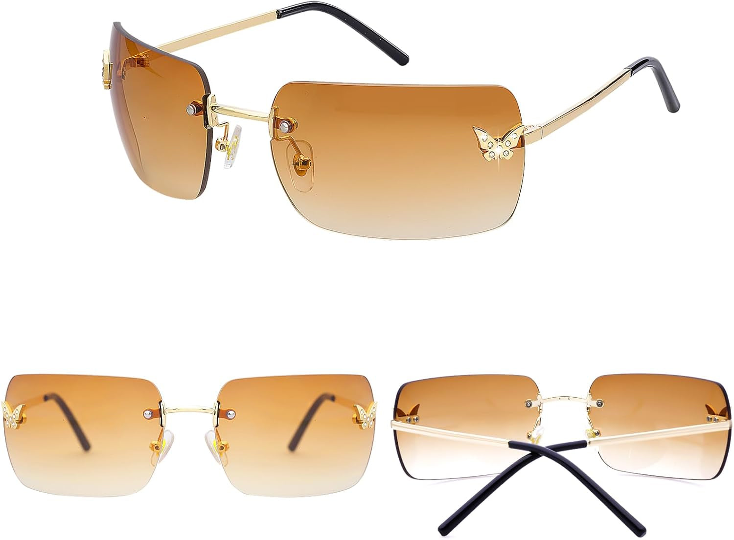 Rimless Rectangle Y2K Sunglasses for Women Men Cute Small Clear Frameless Tinted Lens 2000S Fashion Shades Butterfly