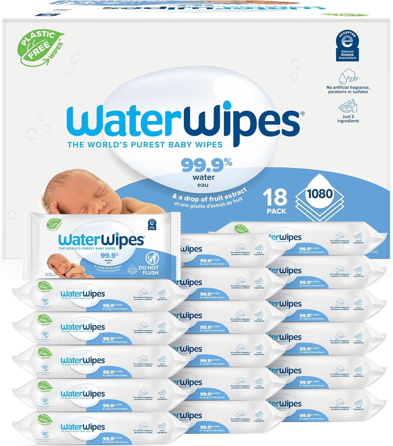 Plastic-Free Original Baby Wipes, 99.9% Water Based Wipes, Unscented & Hypoallergenic for Sensitive Skin, 60 Count (Pack of 12), Packaging May Vary