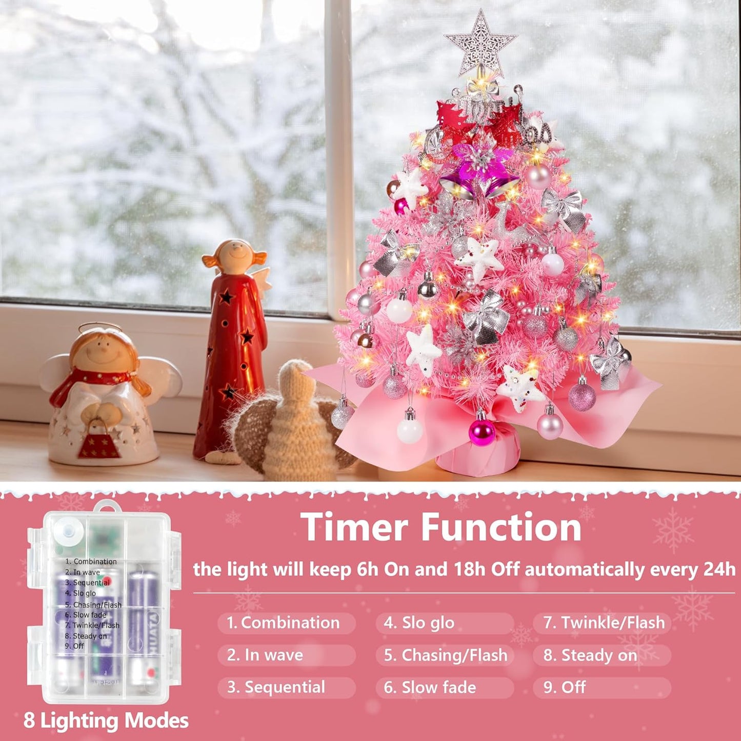 2FT Pink Christmas Tree, Mini Tabletop Christmas Tree with 60 LED Lights, Small Prelit Artificial Christmas Tree, 100 Branch Tips, 70 DIY Ornaments, Pink Christmas Decorations