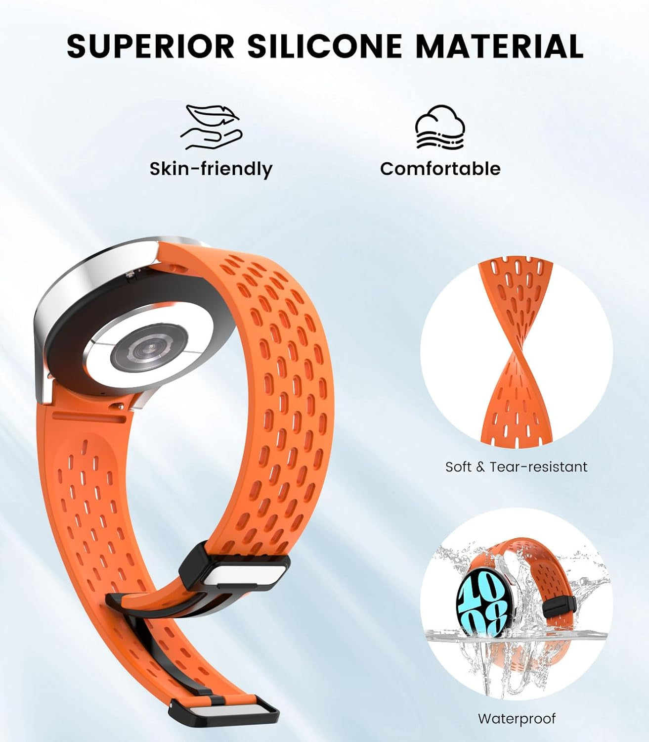 No Gap Bands Compatible with Samsung Galaxy Watch 7 FE 6 5 4 Band 40Mm 44Mm/Watch 6 4 Classic Band 43Mm 47Mm 42Mm 46Mm/Watch 5 Pro 45Mm, 20Mm Breathable Silicone Magnetic Band, Orange