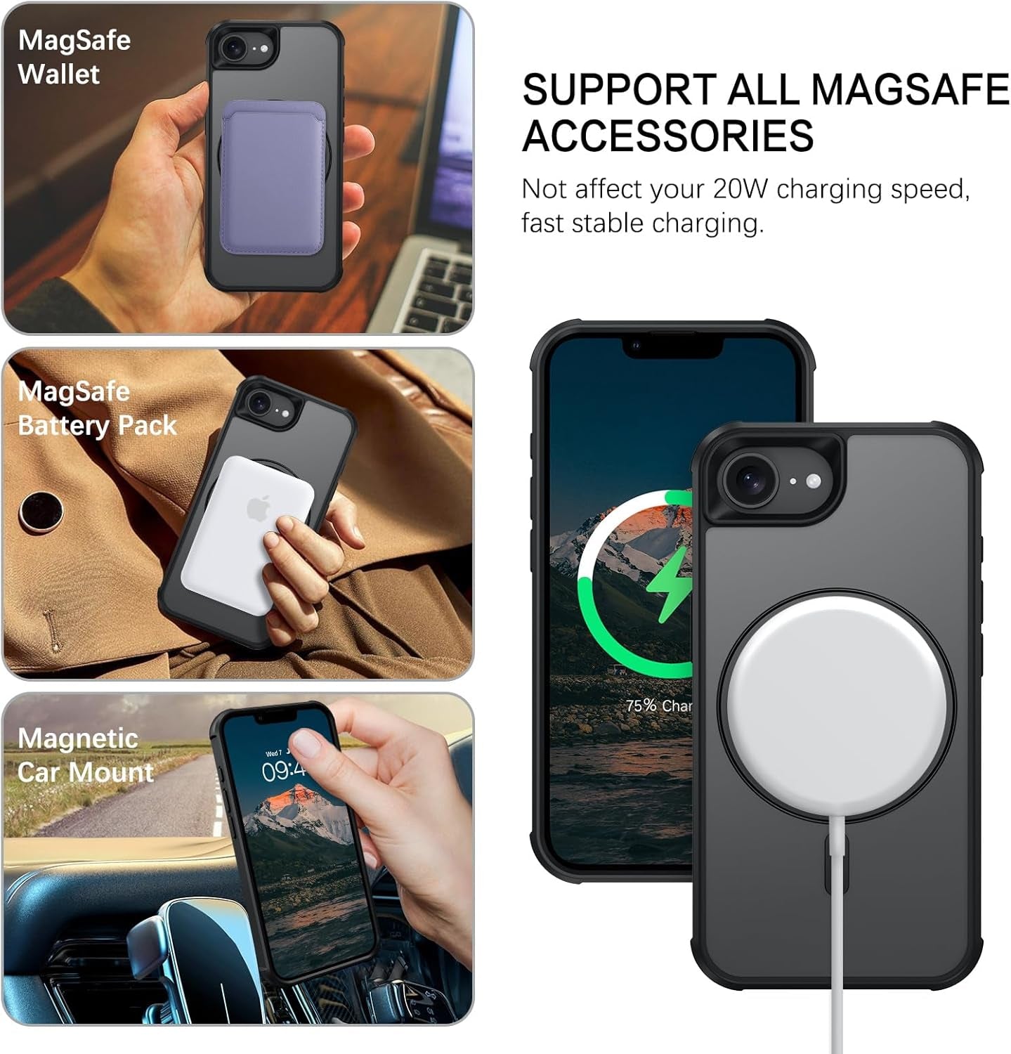 for Iphone 16E Case, Iphone 16E Magnetic Phone Case with Magsafe Rotatable Invisible Kickstand Ring Holder Design Shockproof Women Men Girl Boy Protective Cover for Iphone 16E 6.1", Black