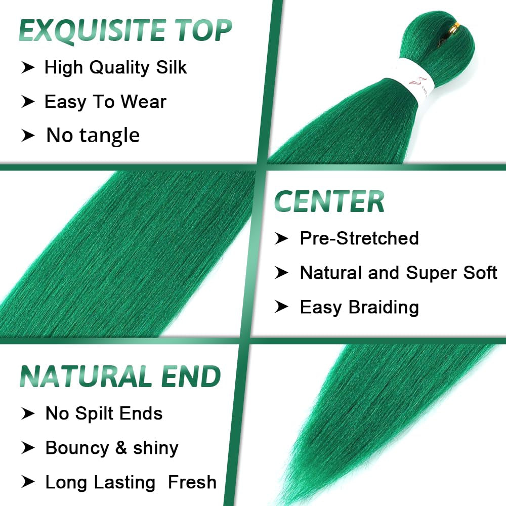 Green Braiding Hair Extensions 16 Inch Pre Stretched Braiding Hair Hot Water Setting Synthetic Hair Pre Stretched Crochet Braids Hair(16 Inch,3 Packs,Green#）