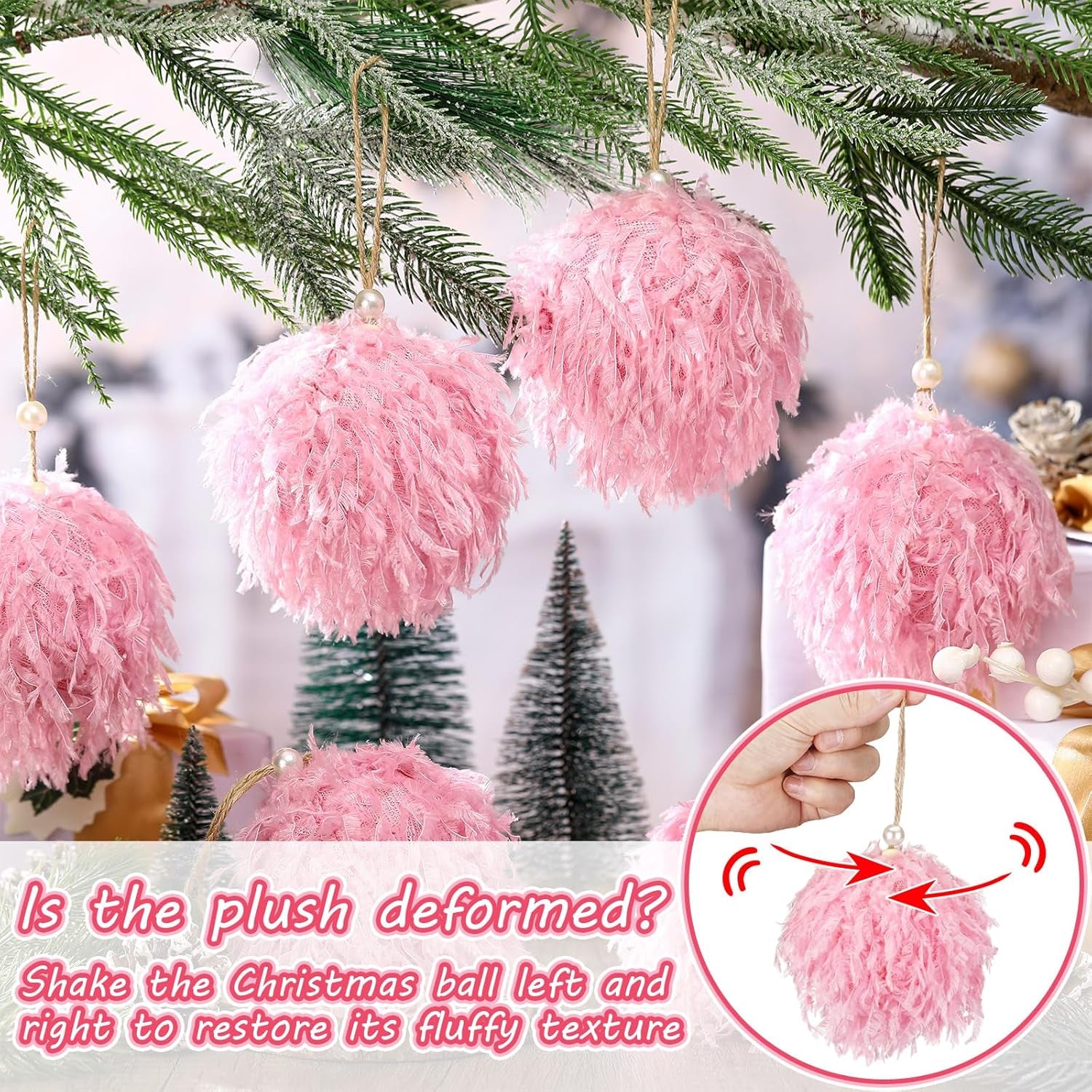 6 Pcs Furry Christmas Ball Ornaments 3.15 Inch Fuzzy Curly Elf Ornaments Ball Christmas Tree Hanging Decorations Soft Pom Pom Ball Xmas Ornament Pendants for Party Supplies(Pink)
