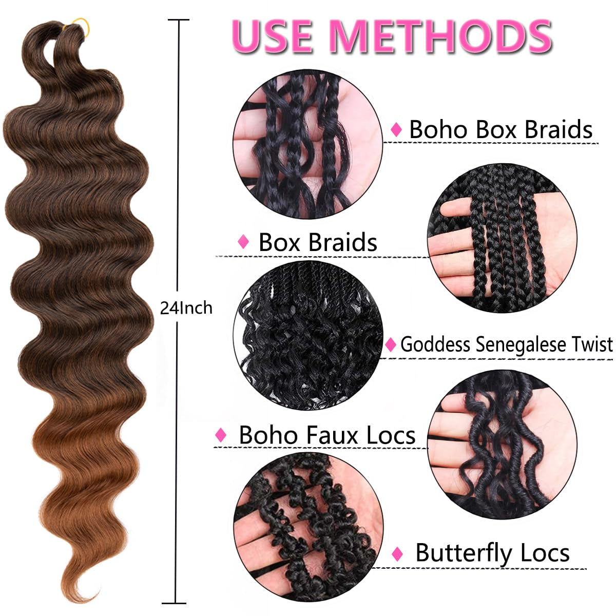 3 Packs Body Wave Braiding Hair 24 Inch Ombre Pre-Feathered Bouncy French Curl Wavy Braiding Hair Wavy Texture Braiding Ocean Deap Twist Crochet Hair Synthetic Hair Extensions(T30#)