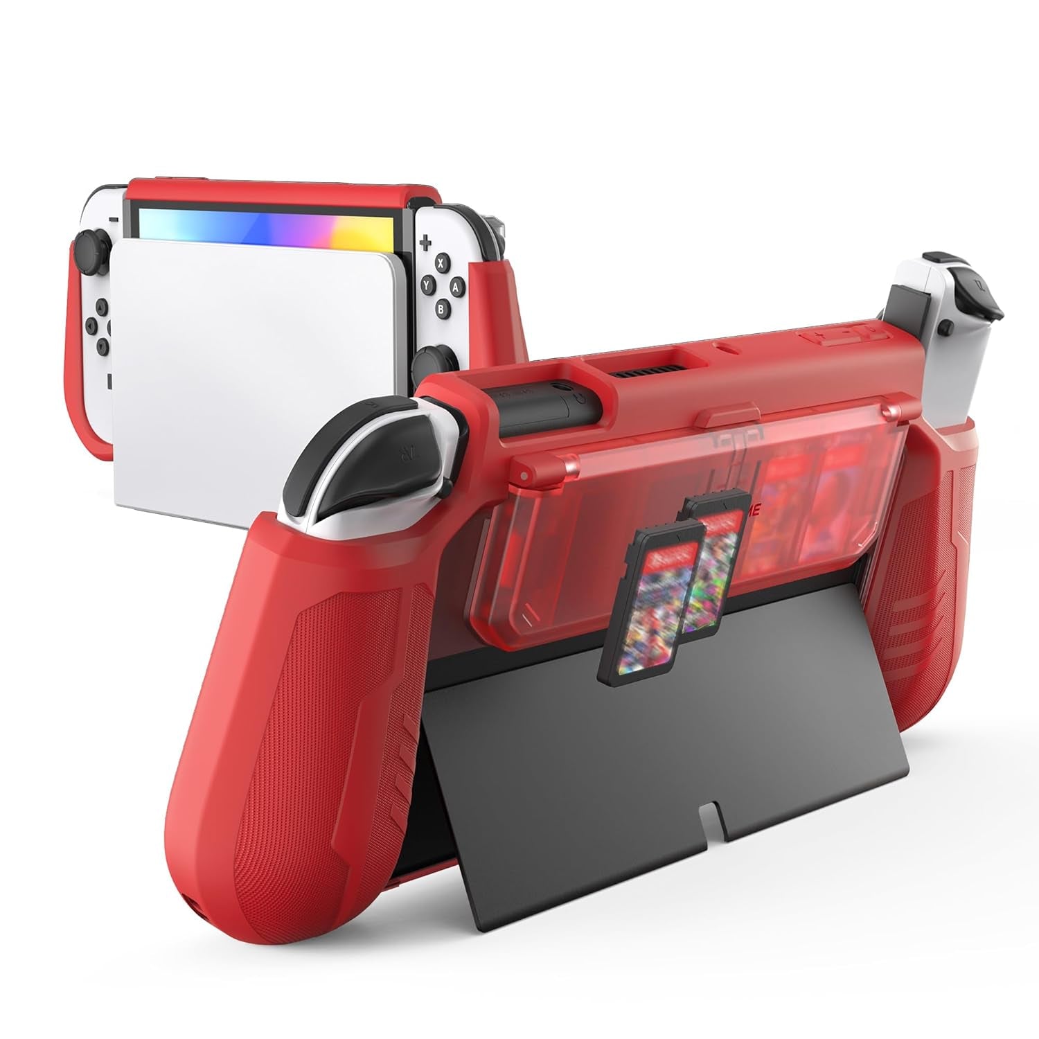 Switch OLED Case with Flip Design Game Storage,  Dockable Protective Case for Nintendo Switch OLED 2021, TPU Grip Portable Cover for 7 Inch and Joy-Con Controller, Black