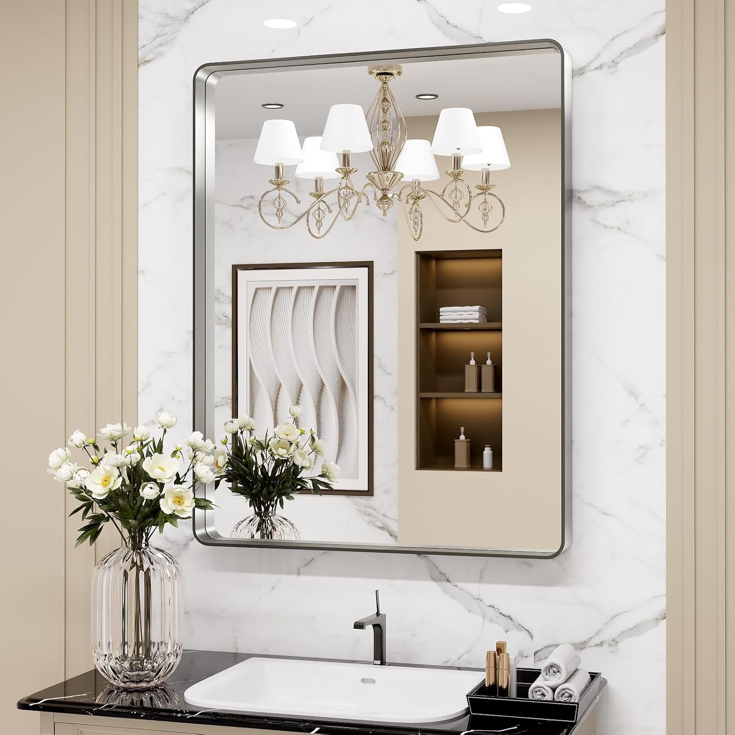 50X30 Inch Black Metal Framed Bathroom Mirror for Wall, Matte Black Bathroom Vanity Mirror Farmhouse, Large Rounded Rectangle Mirror, Anti-Rust, Tempered Glass, Hangs Horizontally or Vertically