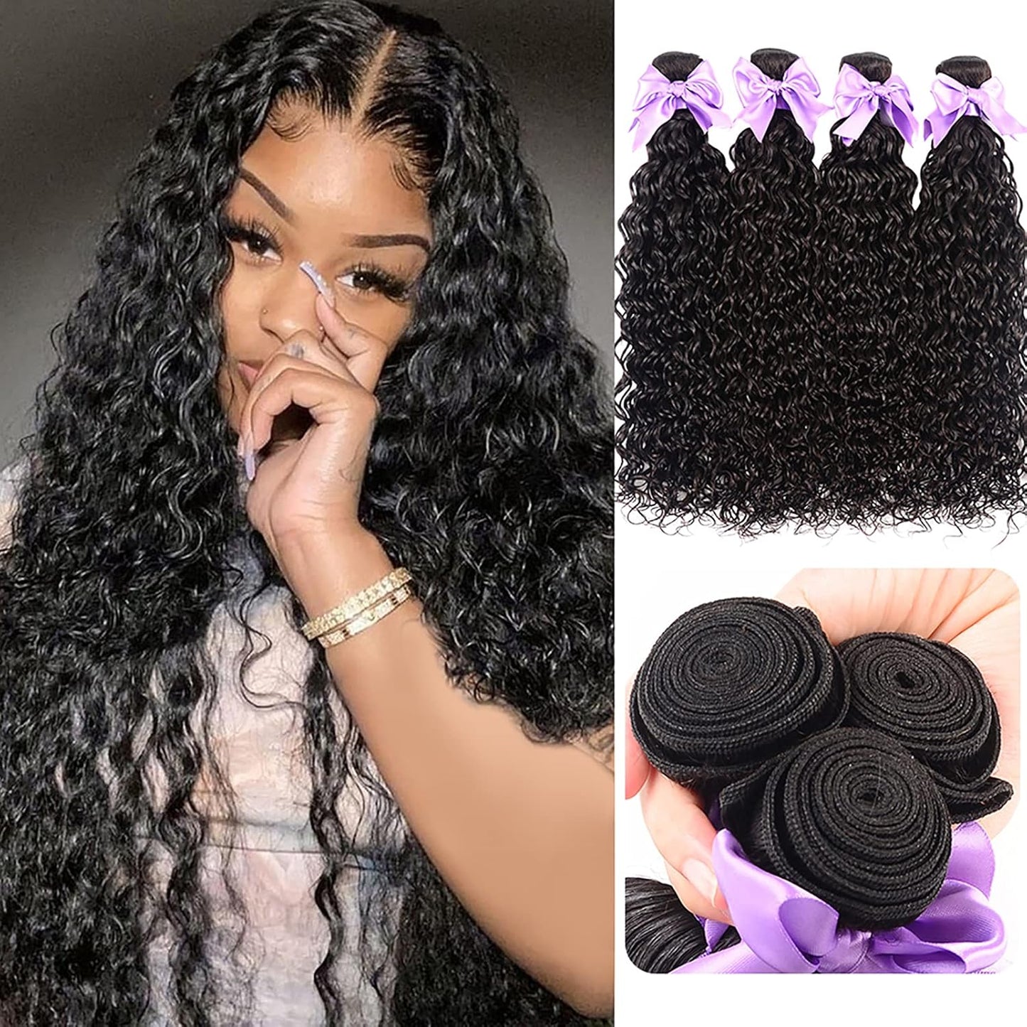Brazilian Virgin Hair Bundles Water Wave Human Hair Bundles (16 18 20 22) 9A Unprocessed 100% Human Hair Wet and Wavy Hair Weave Bundles Can Be Dyed Deep Curly 4 Bundles Hair Extensions Natural Color