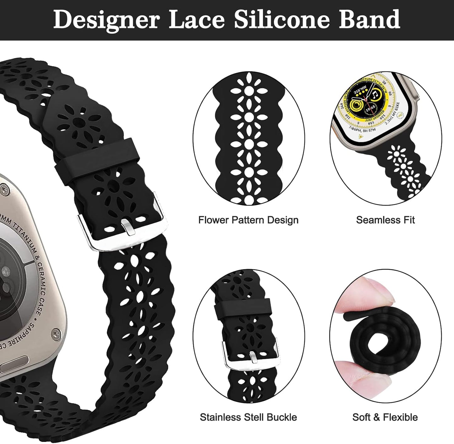 Silicone Band Compatible with Apple Watch Bands 38Mm 40Mm 42Mm 44Mm 41Mm 45Mm 49Mm for Women Men, Floral Slim Hollow-Out Design Wristbands Soft Sport Breathable Watch Bands for Iwatch Ultra SE Series 8/7/6/5/4/3/2/1, 2 Pack