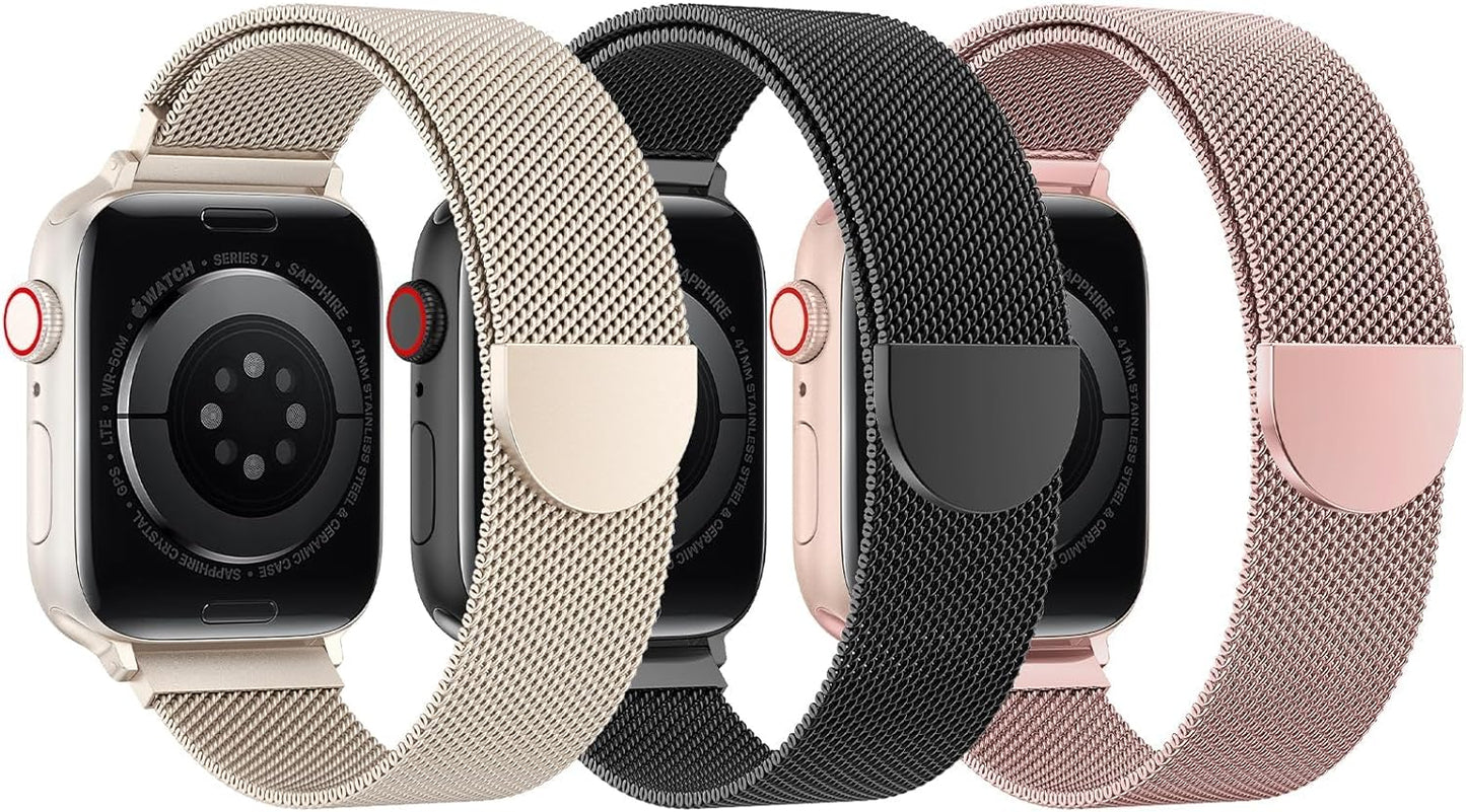 3 Pack Mesh Loop Compatible with Apple Watch Band Women Men 38Mm 40Mm 41Mm 42Mm 44Mm 45Mm 49Mm Series Ultra SE 9 8 7 6 5 4 3 2 1, Stainless Steel Metal Strap Magnetic Clasp for Iwatch Bands