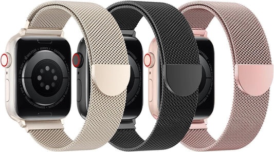 3 Pack Mesh Loop Compatible with Apple Watch Band Women Men 38Mm 40Mm 41Mm 42Mm 44Mm 45Mm 49Mm Series Ultra SE 9 8 7 6 5 4 3 2 1, Stainless Steel Metal Strap Magnetic Clasp for Iwatch Bands