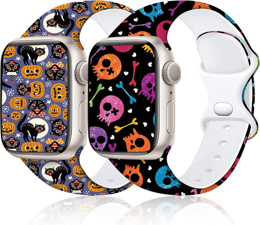 2 Pack Halloween Apple Watch Bands Compatible with Apple Watch Series 10 9 8 SE 7 6 5 4 3 2 1 Ultra 2 1, Iwatch Bands for Women Men, Halloween Band for Apple Watch 42Mm(Series 10) 41Mm 40Mm 38Mm (Weird Skulls & Black Cat)