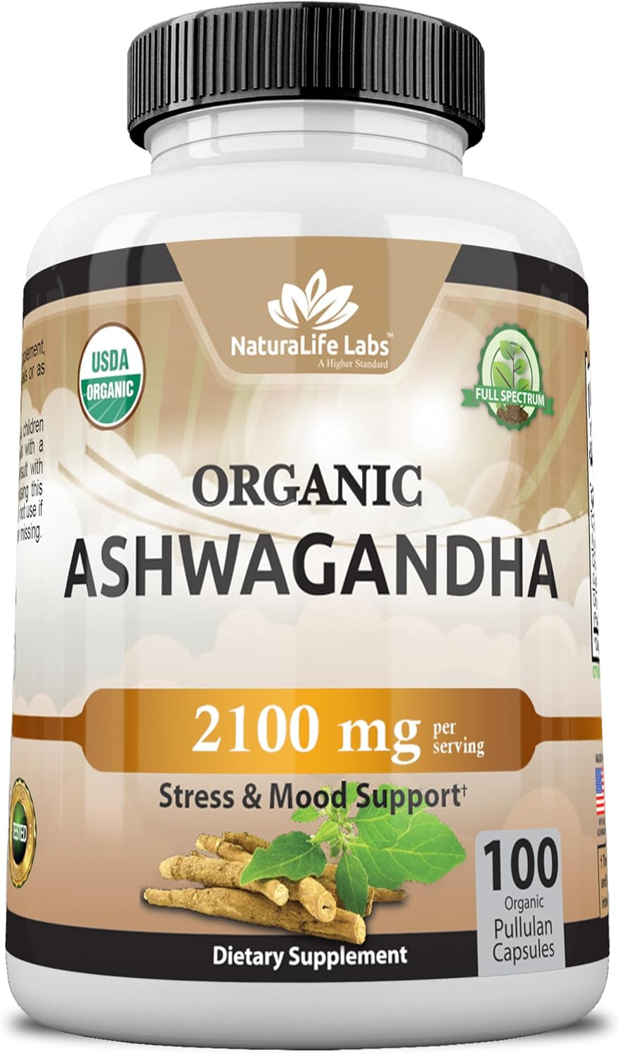 Organic Ashwagandha 2,100 Mg - 100 Veggie Capsules Pure Organic Ashwagandha Powder and Root Extract - Stress Relief, Mood Enhancer TLBH