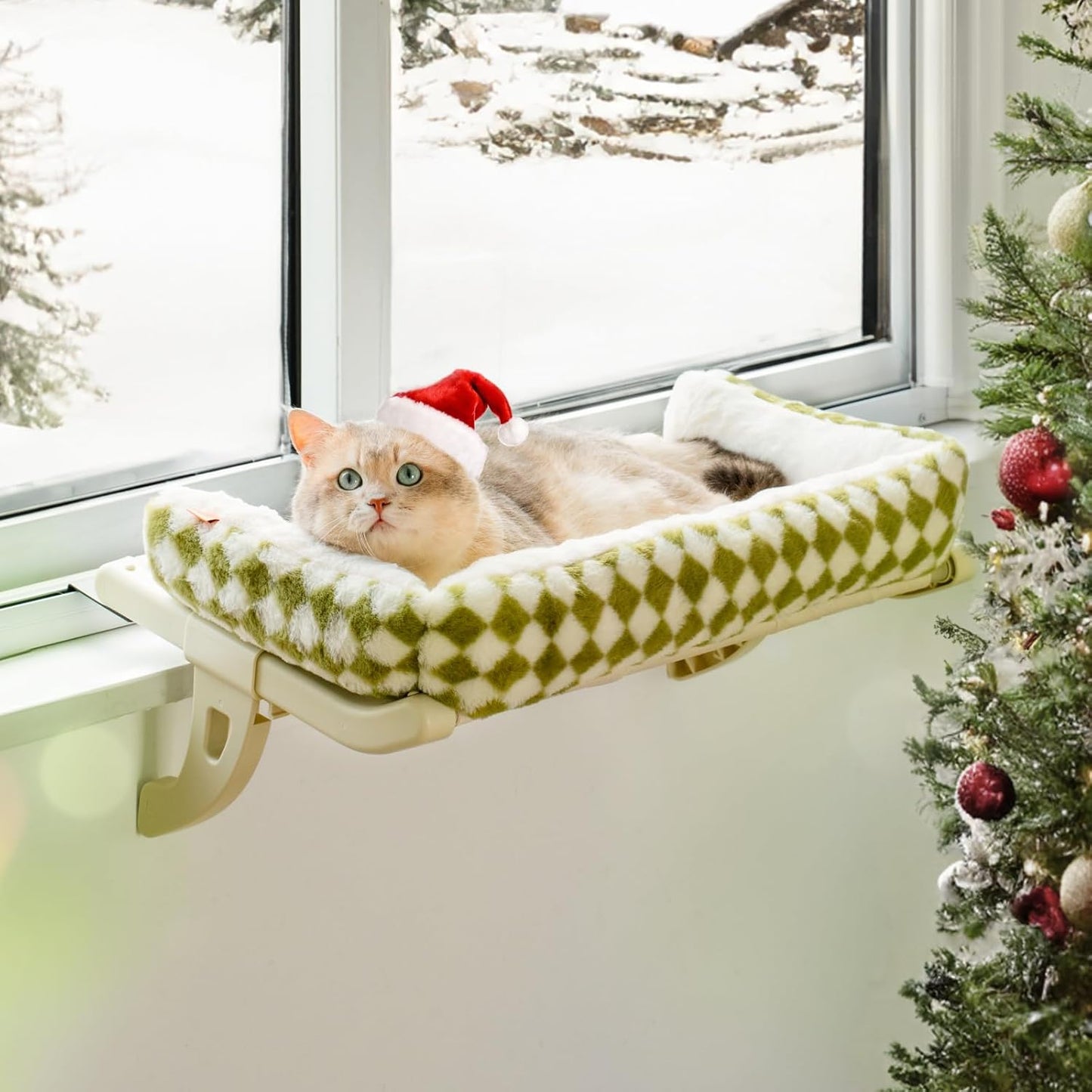 Cat Window Sill Perch for Indoor Cats, One-Step Sliding Clamping Slot Adjustment Cat Window Hammock with Removable Covers, Cat Bed for Windowsill & Bedside (Green, Large)