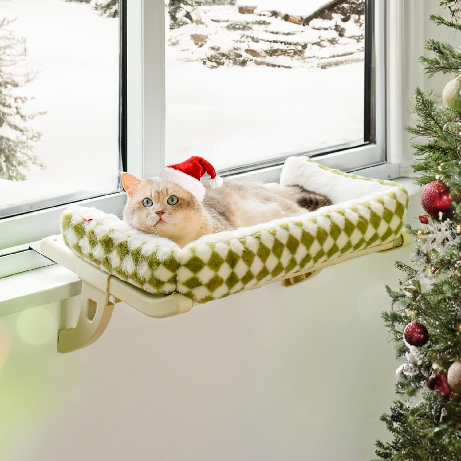 Cat Window Sill Perch for Indoor Cats, One-Step Sliding Clamping Slot Adjustment Cat Window Hammock with Removable Covers, Cat Bed for Windowsill & Bedside (Green, Large)