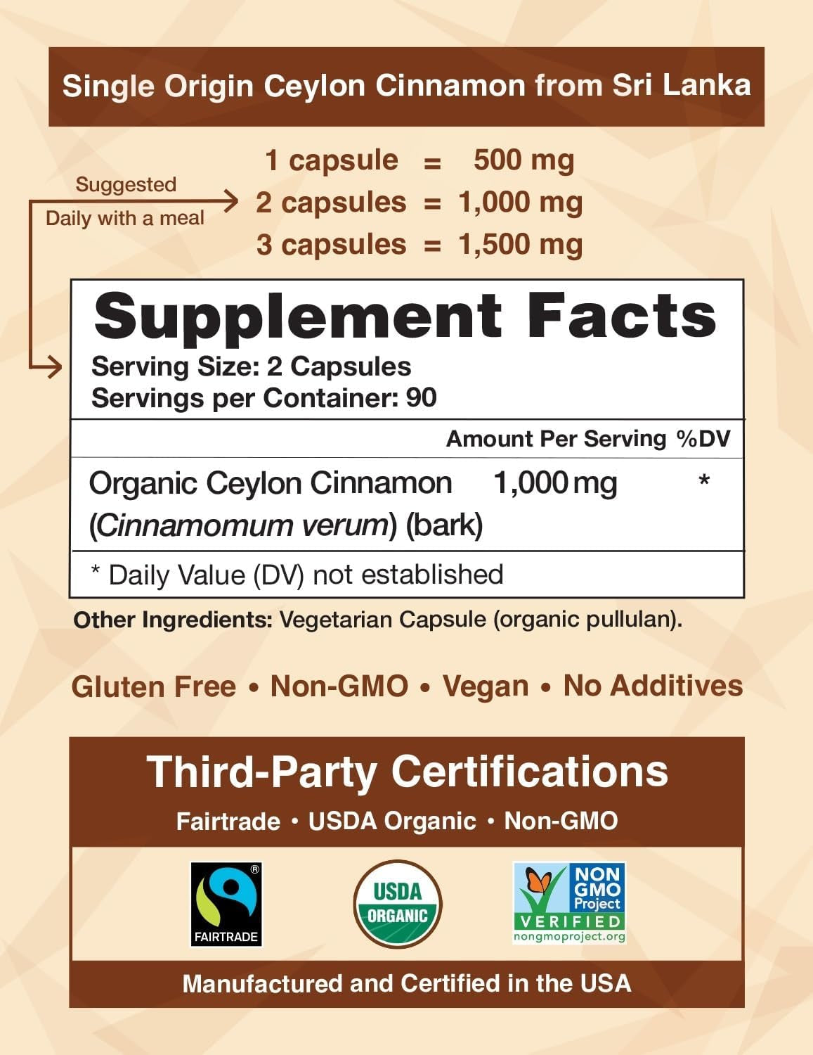 Organic Ceylon Cinnamon (100% Certified) Supplement, 180 Capsules, 3 Month Supply TLBH