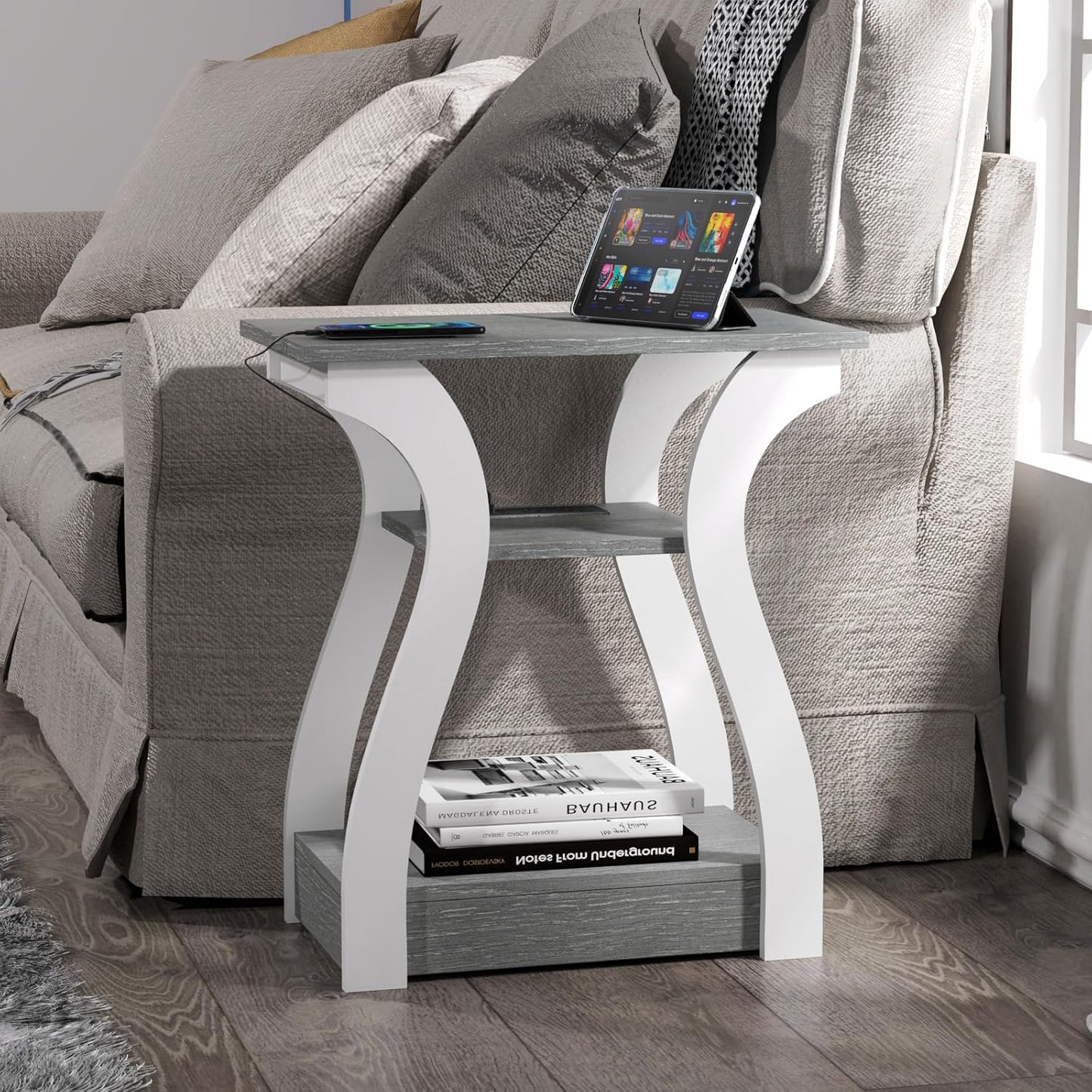 End Tables Living Room Set of 2, End Table with Charging Station, Grey End Table with Usb,Grey Side Table, Nightstand for Bedroom, 3 Tier End Table with Storage Shelf for Living Room Grey