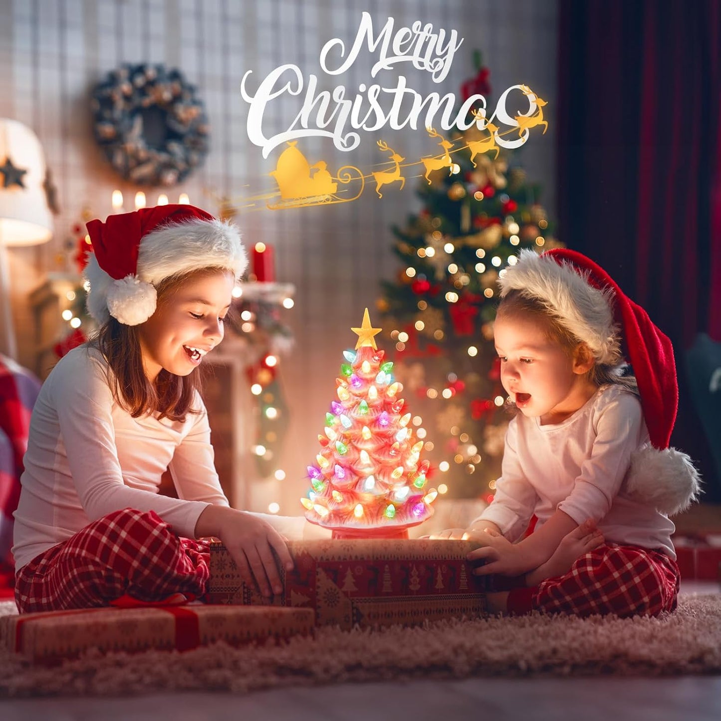 13 Inch Ceramic Christmas Tree, Pre-Lit Tabletop Christmas Tree with Multicolored LED Lights and Star, Battery Operated Valentine'S Day Lighted Ceramic Tree for Home Table Holiday Decorations